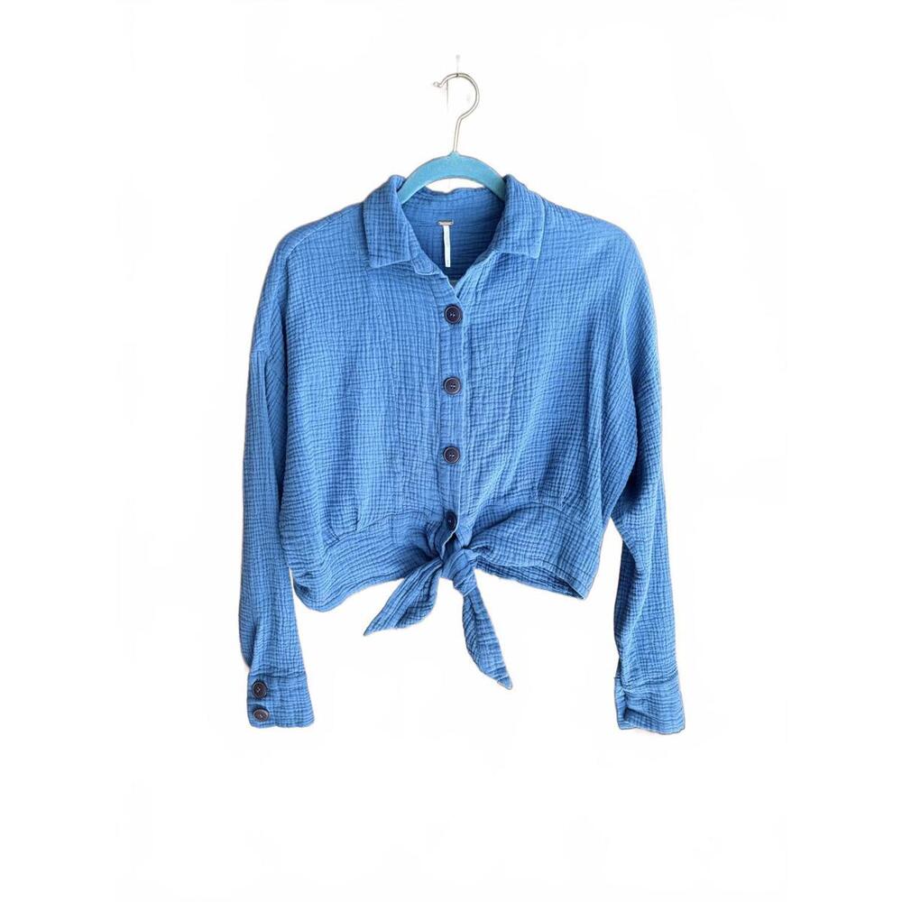 Free People Blue Button-Up Tie-Front Top, Size S